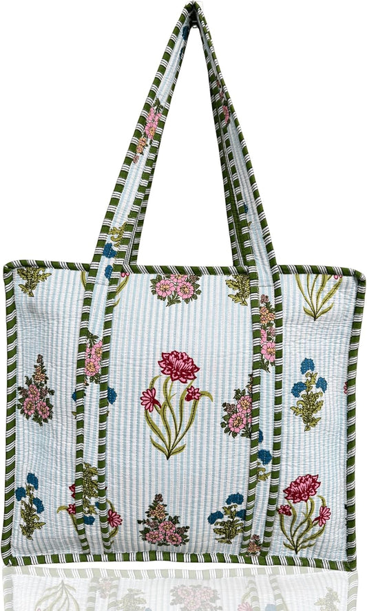 Cotton Quilted Tote Bag for Women – Large Beach & Travel Tote with Zipper, Reusable Grocery Bag