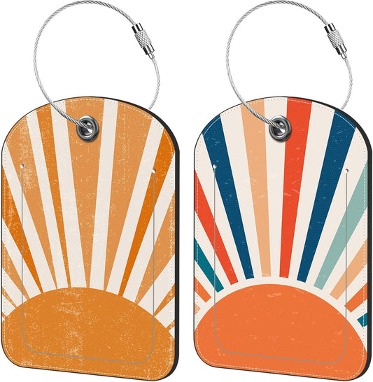 Orange Sun Print Boho Luggage Tag for Suitcase Set of 2 PU Leather Cute Luggage Tags with Stainless Metal Loop ID Label Privacy Flap Suitcase Tags for Women and Men Travel