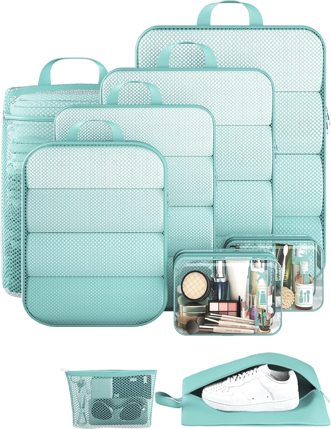 Veken 9/11 Set Compression Packing Cubes for Travel Essentials,Compressible Expandable Large Luggage Suitcase Organizer Bags for Clothing,Durable Space Saver Storage Bags(Blue Green)