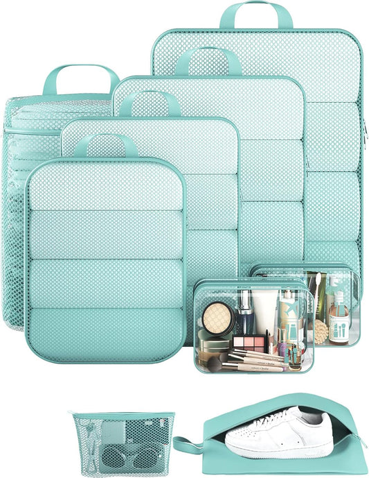 Veken 9/11 Set Compression Packing Cubes for Travel Essentials,Compressible Expandable Large Luggage Suitcase Organizer Bags for Clothing,Durable Space Saver Storage Bags(Blue Green)