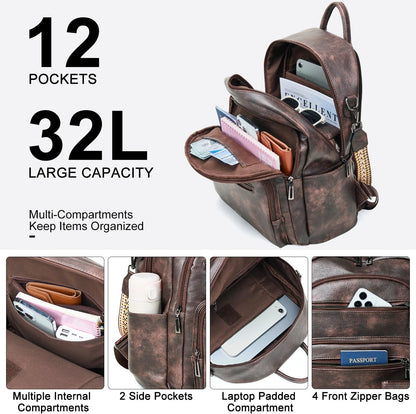 Backpack Purse for Women Laptop Backpack, Leather Travel Backpack Shoulder Bag Teacher College Daypack Work Handbag fits 14" Laptop-Coffee