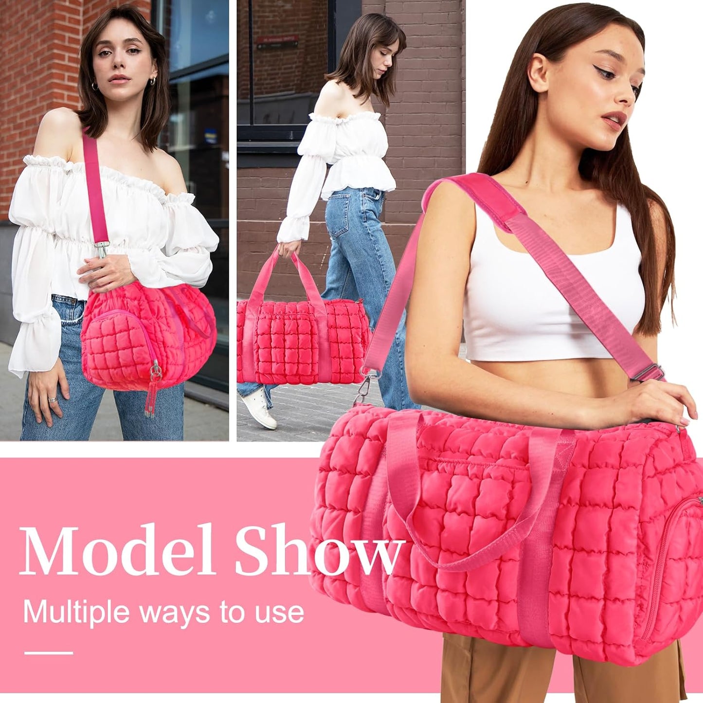 Quilted Travel Duffle Bag Gym Bag for Women,Large Puffer Duffle Weekender Bag with Compartment,Workout Overnight Carry on Organizer Bag Duffle Bag for Airplane Travel(L-Rosered)