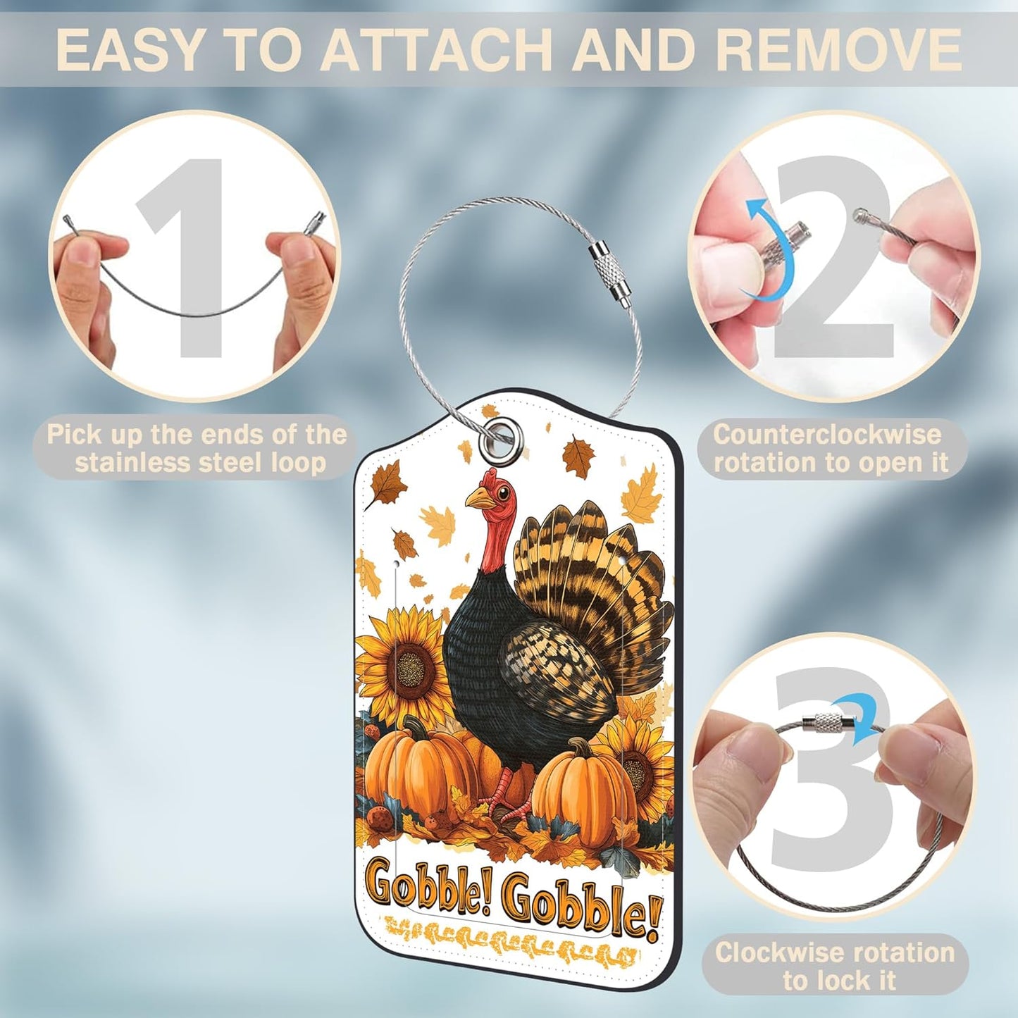 2 Pack Autumn Turkey and Pumpkin Luggage Tags for Suitcases Sunflower Leather Luggage Tags Privacy Cover ID Label with Stainless Steel Loop and Address Card for Women Men Travel Bag Backpack