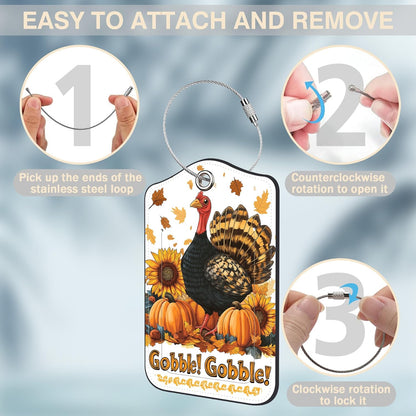 2 Pack Autumn Turkey and Pumpkin Luggage Tags for Suitcases Sunflower Leather Luggage Tags Privacy Cover ID Label with Stainless Steel Loop and Address Card for Women Men Travel Bag Backpack