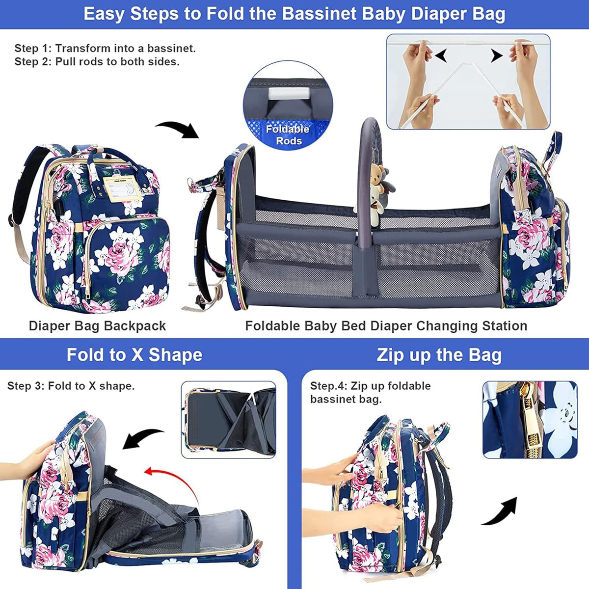 Diaper Bag Backpack with Changing Station, Foldable for Bady Toddler, 3 in 1 Large Capacity Newborn Essentials Organizer with Stroller Hook for Girls and Boys（Blue）