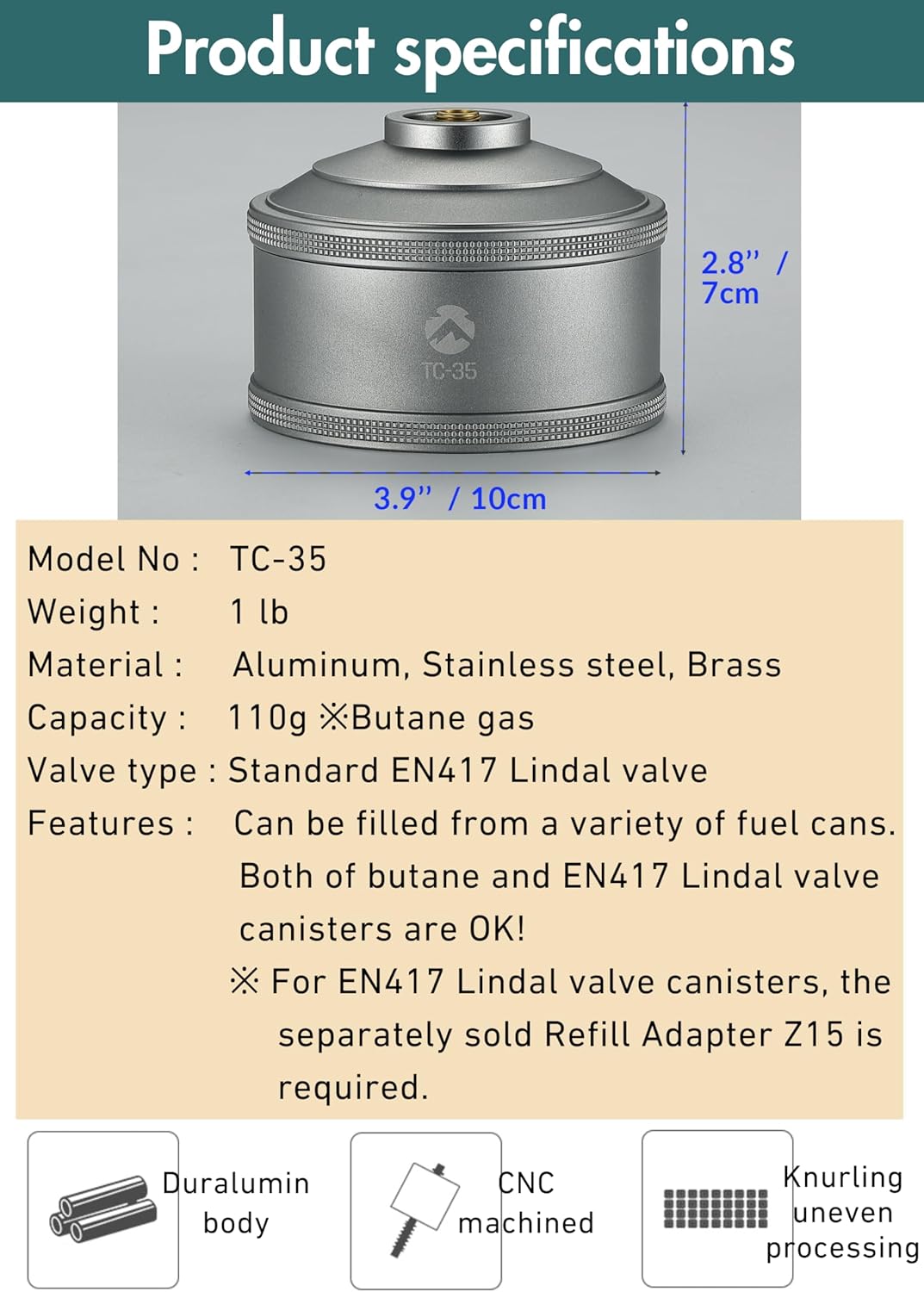 CAMPINGMOON Replacement Empty Refillable Gas Fuel Cylinder Standard for Backpacking Camping Stove EN417 Lindal Valve 110g TC-35
