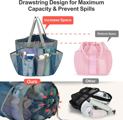 F-color Mesh Shower Caddy Portable with Drawstring - Upgrade Deeper 7 Pockets Dorm Room Essentials for Guys Girls with S Hook, Shower Bag Basket Tote for College Camping Toiletry Bathroom, Blue