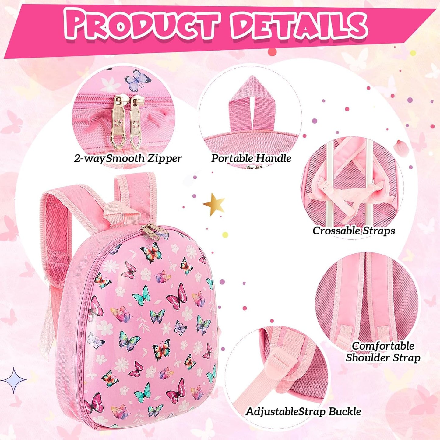 Sanwuta 4 Pcs Kids Luggage Set Kids Backpack Travel Rolling Suitcase with Wheels U-shape Pillow Childrens Gift for Girls Boys(17 Inch,Butterfly Style,Rose Pink)