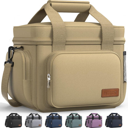 HOTOR Lunch Box for Men and Women - Leak-Proof Insulated Lunch Cooler Bag with Adjustable Strap, Multiple Pockets for Office, Picnic, Hiking, Beach, 1 Layer, 8L, Brown, 9.8" x 8.7" x 5.9"
