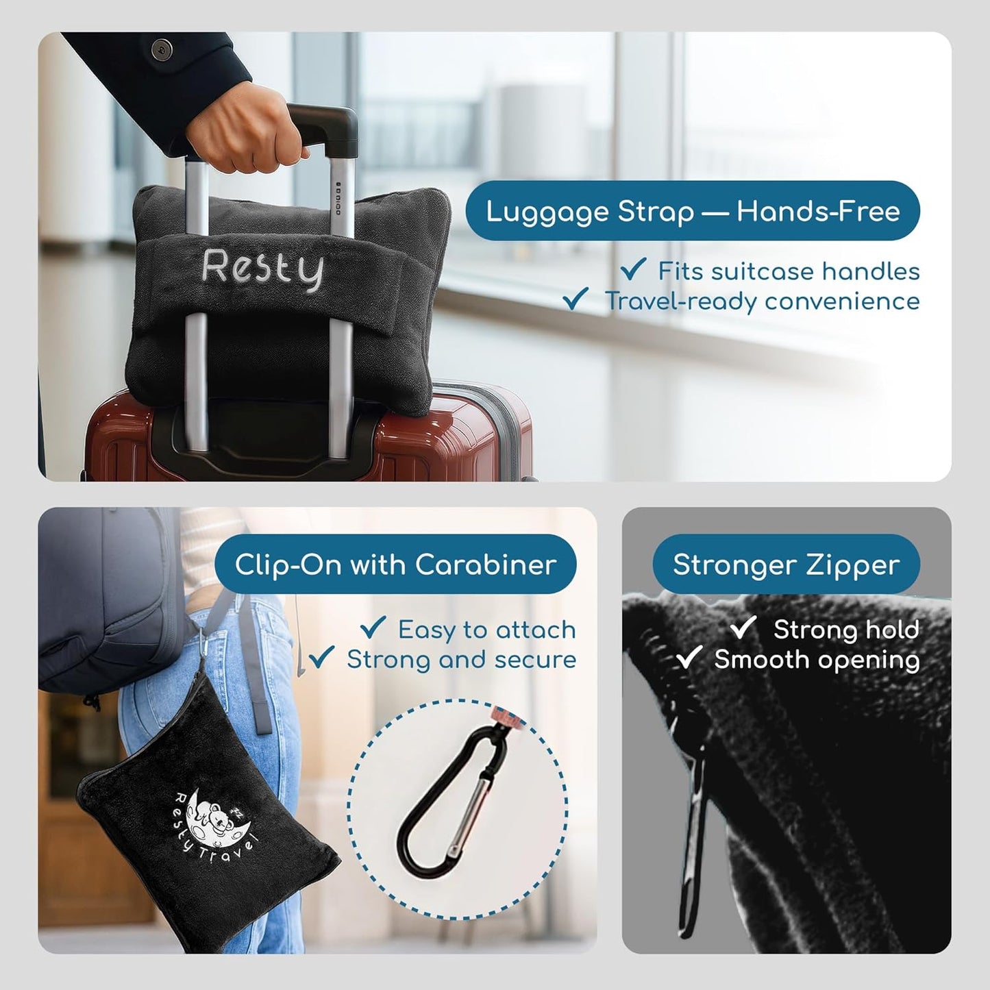 Resty 65"x40" Traveling Airplane Blanket, Onyx Black – Lightweight, Velvety Soft Blanket That Becomes a Travel Pillow – Must-Have Comfort for Planes & Road Trips – Travel Essentials for Women & Men