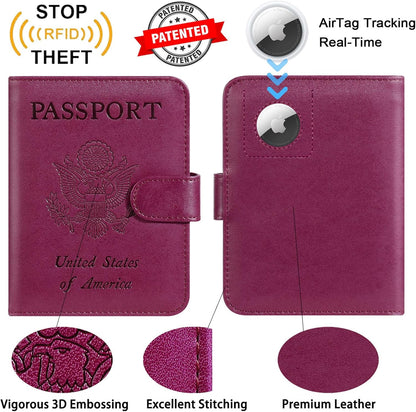 Airtag Passport Holder Cover Wallet RFID Blocking Leather Case Travel Essentials Luggage Accessories Travel Must Have(118#Purple)