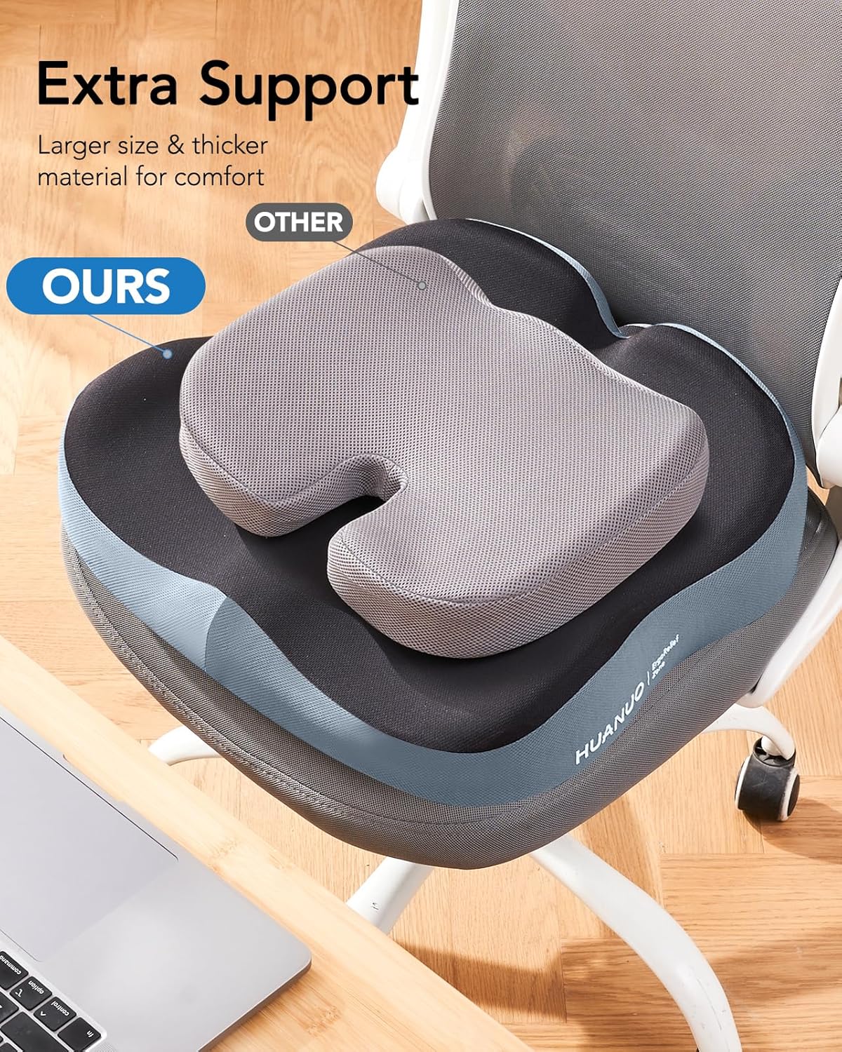 HUANUO Office Seat Cushion for Tailbone Support, High-Density Memory Foam Cushion, Breathable Coccyx Cushion, Non-Slip Bottom for Sciatica Relief, Perfect for Office, Car, and Wheelchair