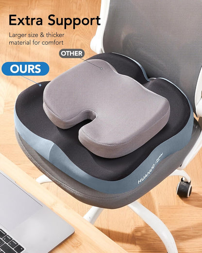 HUANUO Office Seat Cushion for Tailbone Support, High-Density Memory Foam Cushion, Breathable Coccyx Cushion, Non-Slip Bottom for Sciatica Relief, Perfect for Office, Car, and Wheelchair