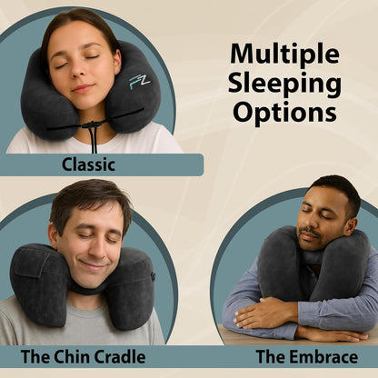 Air Inflatable Neck Pillow for Traveling on Plane - H-Shape Hooded Airplane Pillow with 5 Snooze Modes, Fast Inflation, Pressure Control, Cozy Clip-On Hood & Plushy Cover - Size L, Jet Black