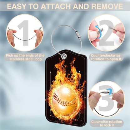 2 Pcs Baseball on Fire Luggage Tags for Suitcases PU Leather Baggage Tags Name ID Label with Privacy Cover and Stainless Steel Loop for Men Women Travel Bag Suitcase