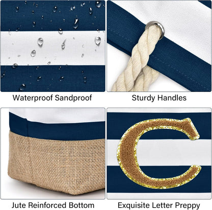 Becokan Beach Bag Initial Beach Tote with Makeup Bag for Travel Work Storage Personalized Birthday Gifts for Women Her