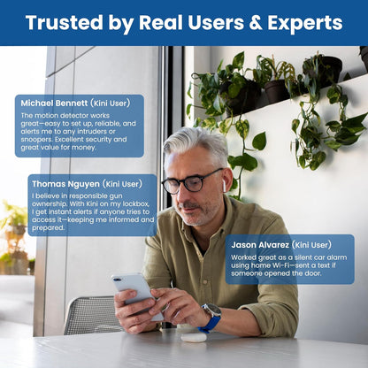 Kini SafeAlert WiFi Motion Sensor Alarm | Real-Time SMS Notification | Wireless Motion Detector for Gun Safes, Cabinets, Home, Apartments, Office | Easy Install, No Subscription, Rechargeable Battery