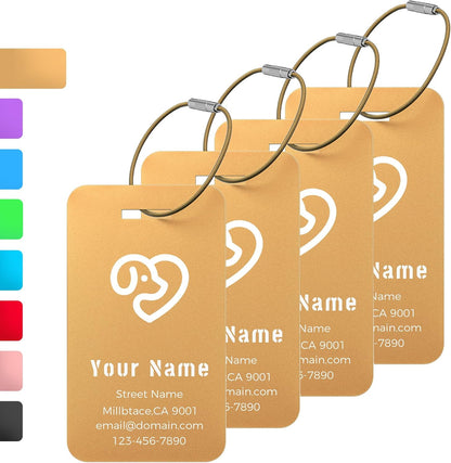 Personalized Luggage Tags, Custom Luggage Tags 4 Pack TSA Approved Double Sided Laser Engraving, Metal Luggage Tag for Suitcases with Stainless Loops, Name Tag for Bags, Backpacks (Gold)