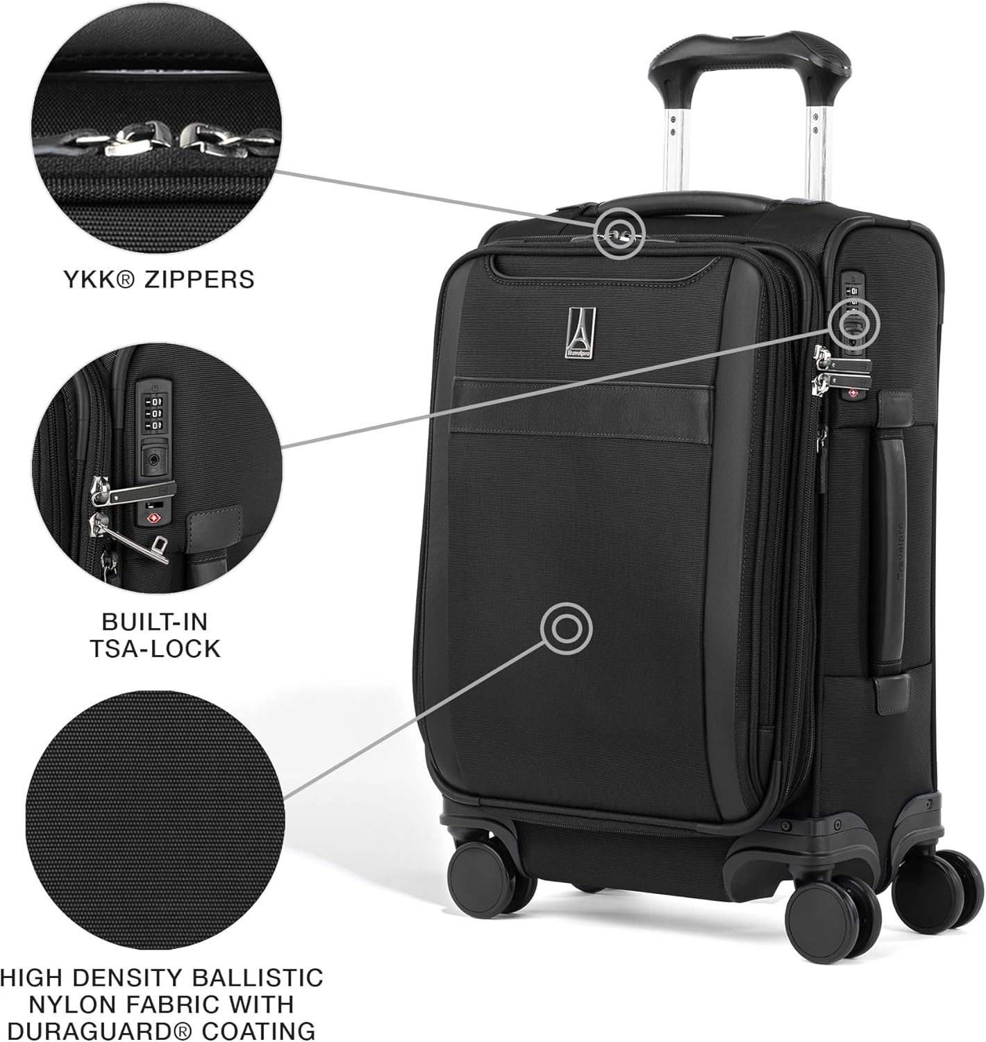 Travelpro VersaPack+ Lightweight Softside Expandable Carry on Luggage, 8 Spinner Suitcase, TSA Lock, Men and Women, Compact Carry On 20-Inch, Black