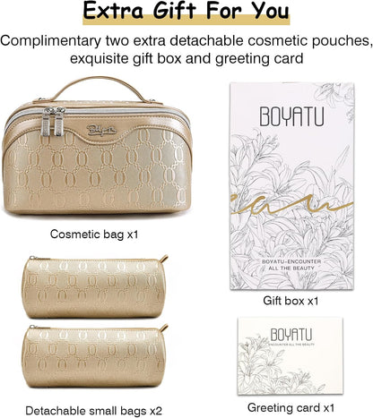 BOYATU Travel Makeup Bag for Women: Cosmetic Organizer Bag with Compartments - Leather Make up Bags Set of 3 (Gold Yellow)