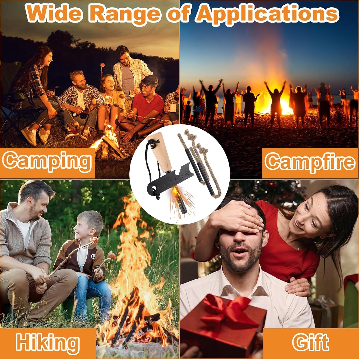 Fire Starter Survival Tool, Fire Starter Kit Includes Magnesium Rod, Steel Striker, 2 Pcs Wick Hemp Rope and Multifunctional Outdoor Bag, Fire Starters for Campfires Hiking Survival Training Gift