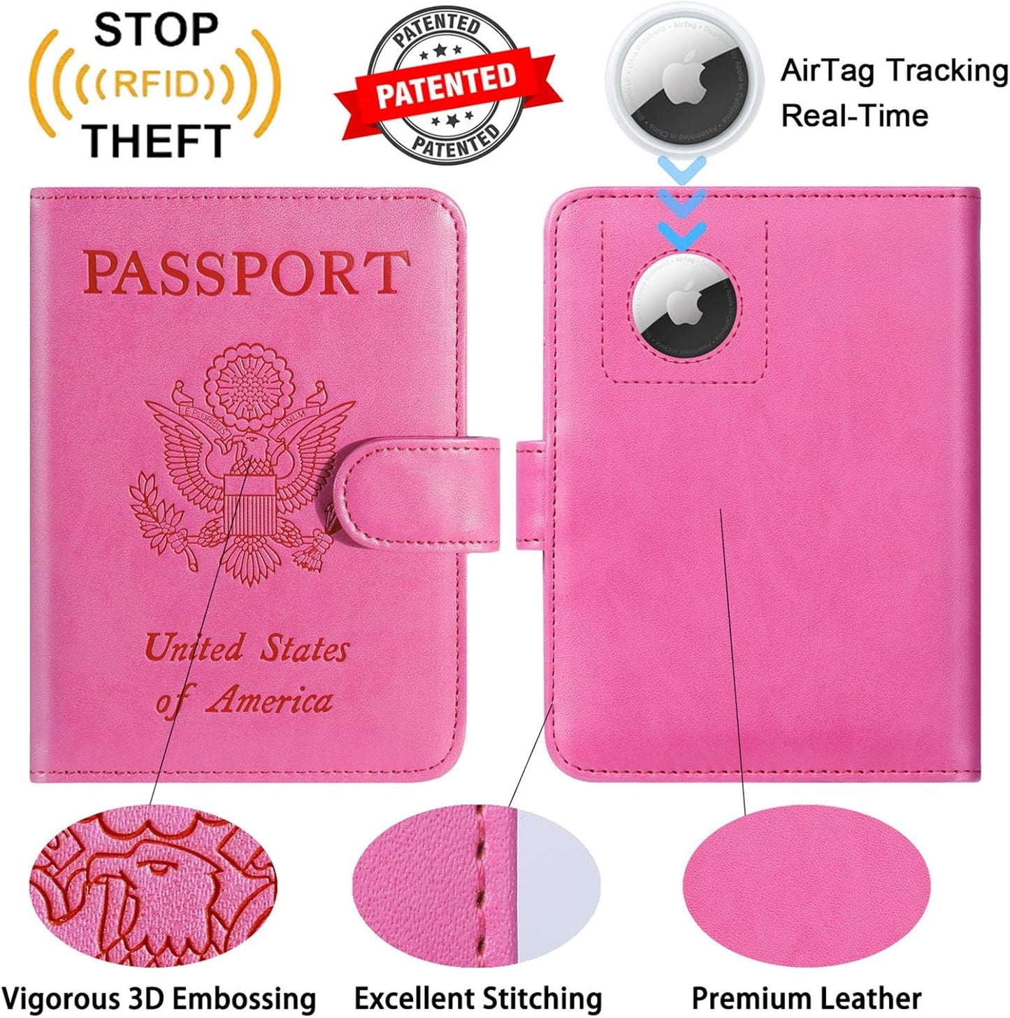 Airtag Passport Holder Cover Wallet RFID Blocking Leather Case Travel Essentials Luggage Accessories Travel Must Have(118#Pink)
