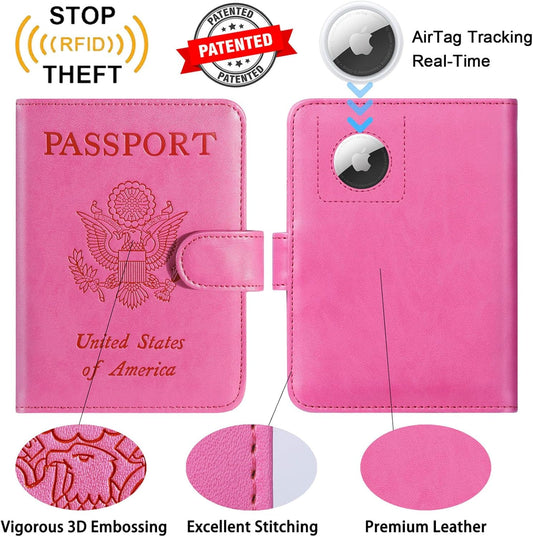 Airtag Passport Holder Cover Wallet RFID Blocking Leather Case Travel Essentials Luggage Accessories Travel Must Have(118#Pink)