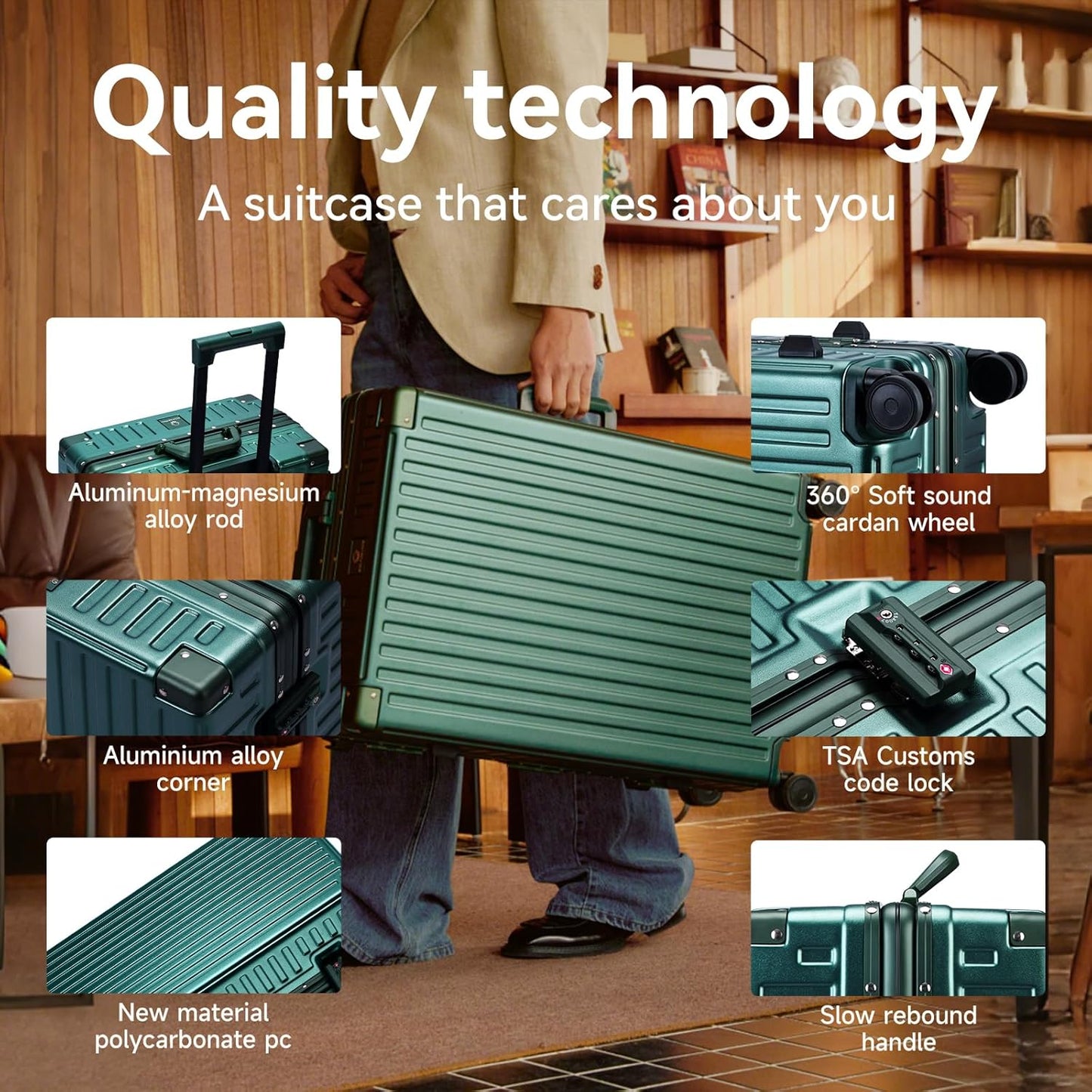 ROAMING Zipperless Luggage Airline Approved with Aluminum Frame, Lightweight PC Hardside Luggage with Spinner Wheels, Metal Travel Luggage with Double TSA Locks, Carry On 20 Inch, Dark Night Green