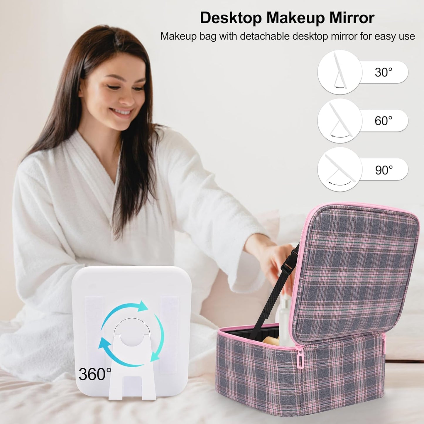 Makeup Bag With LED Mirror, Travel Makeup Case with Light up Mirror Large Cosmetic Case with 3 Color Lighted Portable Organizer Bag with Adjustable Dividers(Pink/Grey Stripes-Canvas, Small)