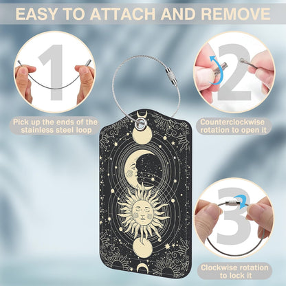 Set of 2 Luggage Tags for Suitcases Sun Moon Astrology Phases Leather Suitcase Tags Identifiers with Privacy Name Address Label and Stainless Steel Loop for Women Men Travel Luggage Accessories