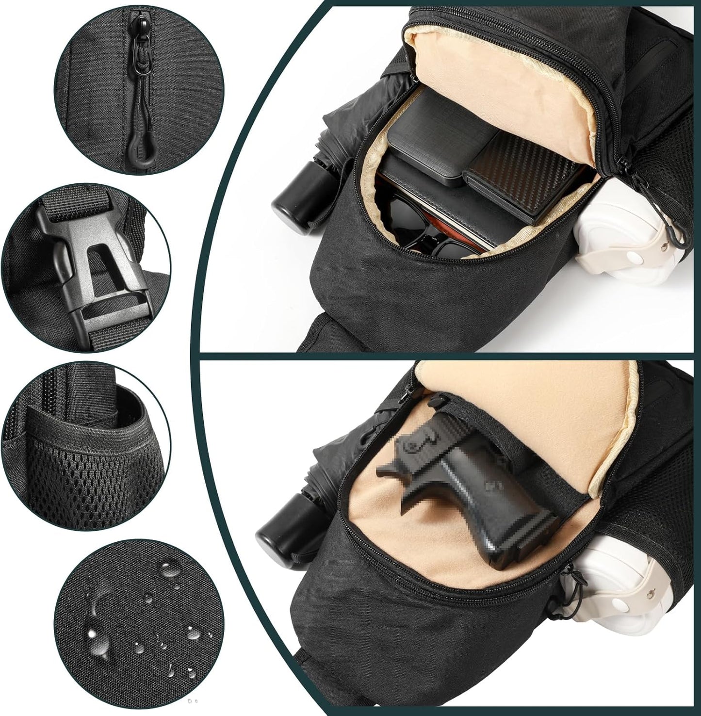 CCW Sling Chest Bag - Tactical Crossbody Backpack for Concealed Carry with Hidden Holster Compartment | Mid-Zip Gun Pocket, Water-Resistant