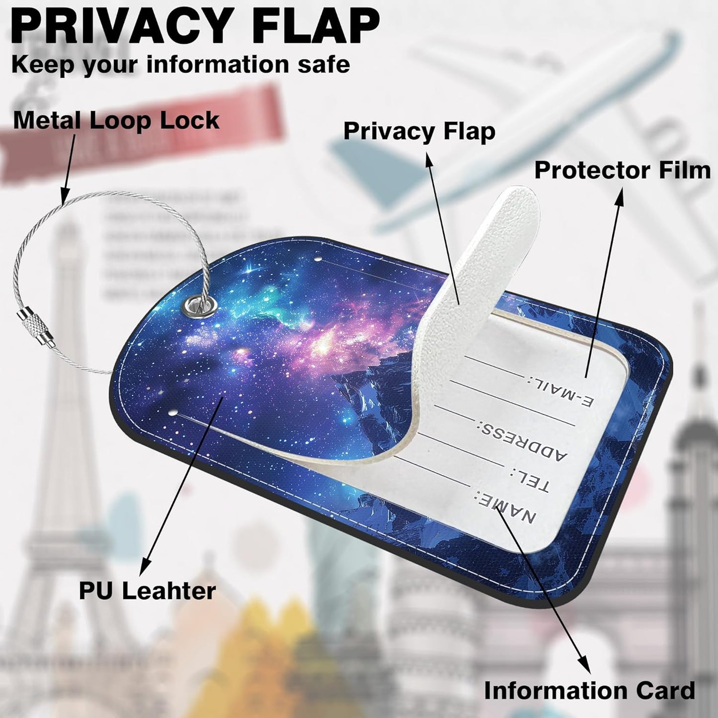 2 Pack PU Luggage Tags for Suitcase, Mountain Under Starry Sky Suitcase Tag Leather ID Label Bag Tags with Privacy Cover and Metal Loop for Men Women Travel Bag