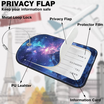 2 Pack PU Luggage Tags for Suitcase, Mountain Under Starry Sky Suitcase Tag Leather ID Label Bag Tags with Privacy Cover and Metal Loop for Men Women Travel Bag