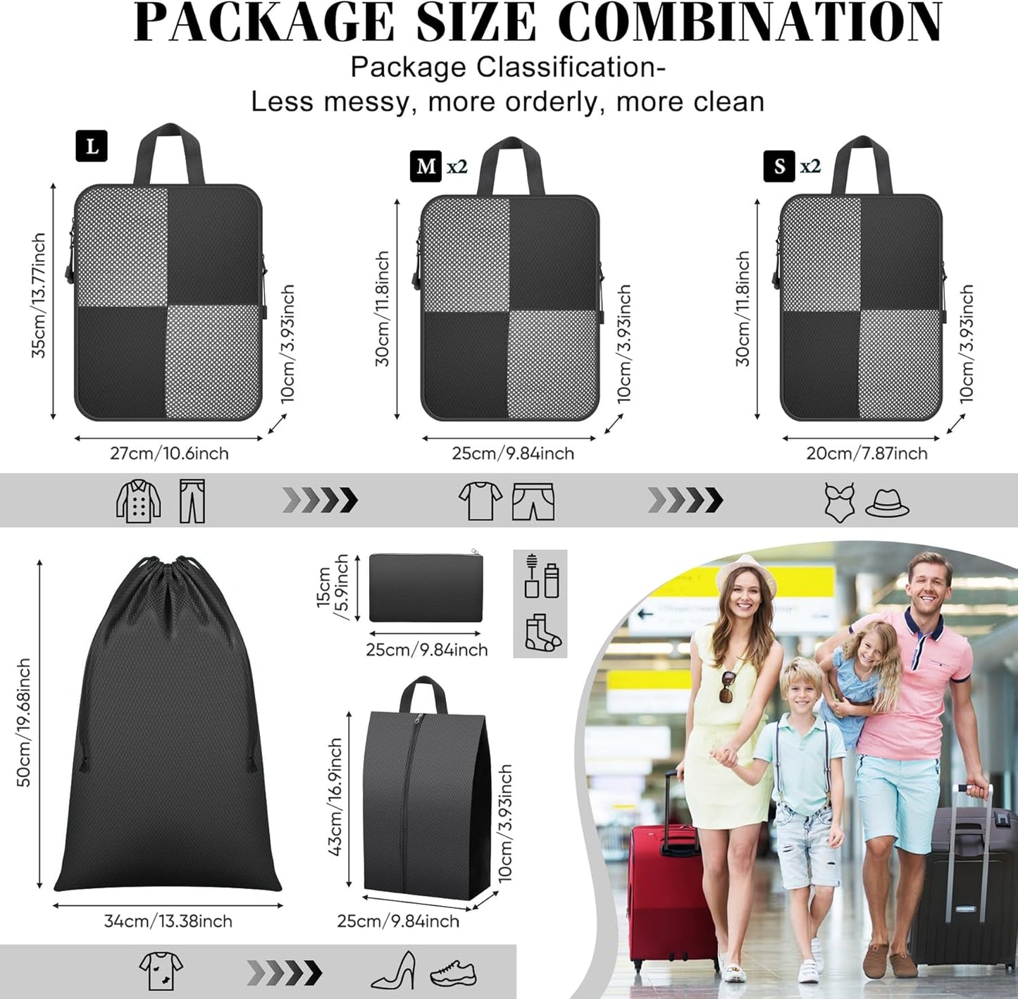 8 Set Compression Packing Cubes Travel, Lightweight Expandable Travel Cubes Suitcase Organizer for Carry On Luggage Suitcase, Black