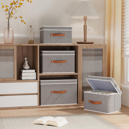 Fabric Storage Bins with Lids, Linen Foldable Clothes Boxes, Closet Organizer Containers with Double Handles, Baskets for Bedroom, Grey, 3 Pack, 13 x 9.1 x 7.9 Inch