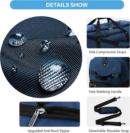 Vomgomfom Wheeled Collapsible Duffel Bag,110L-140L Expandable Checked Luggage, No-Telescopic-Handle with Anti-Burst Zipper & Reinforced Frame,Navy