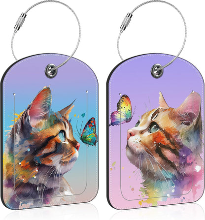 2 Pack PU Luggage Tags for Suitcase, Watercolor Cat and Butterfly Suitcase Tag Leather ID Label Bag Tags with Privacy Cover and Metal Loop for Men Women Travel Bag