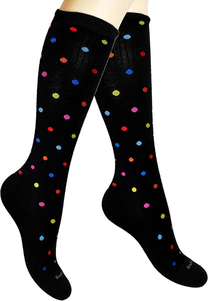 Cotton Compression Socks for Women & Men. 15-20 mmHg Support Knee-High Color Dots S/M