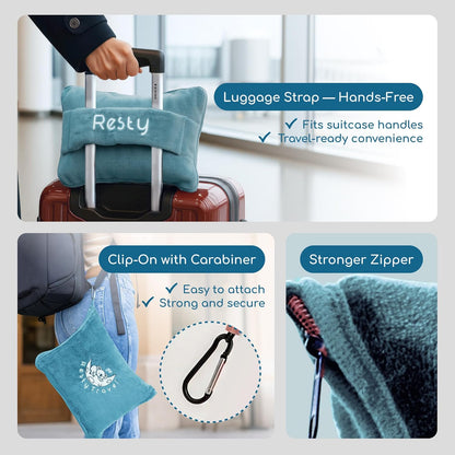 Resty 65"x40" Traveling Airplane Blanket, Baby Blue – Lightweight, Velvety Soft Blanket That Becomes a Travel Pillow – Must-Have Comfort for Planes & Road Trips – Travel Essentials for Women & Men