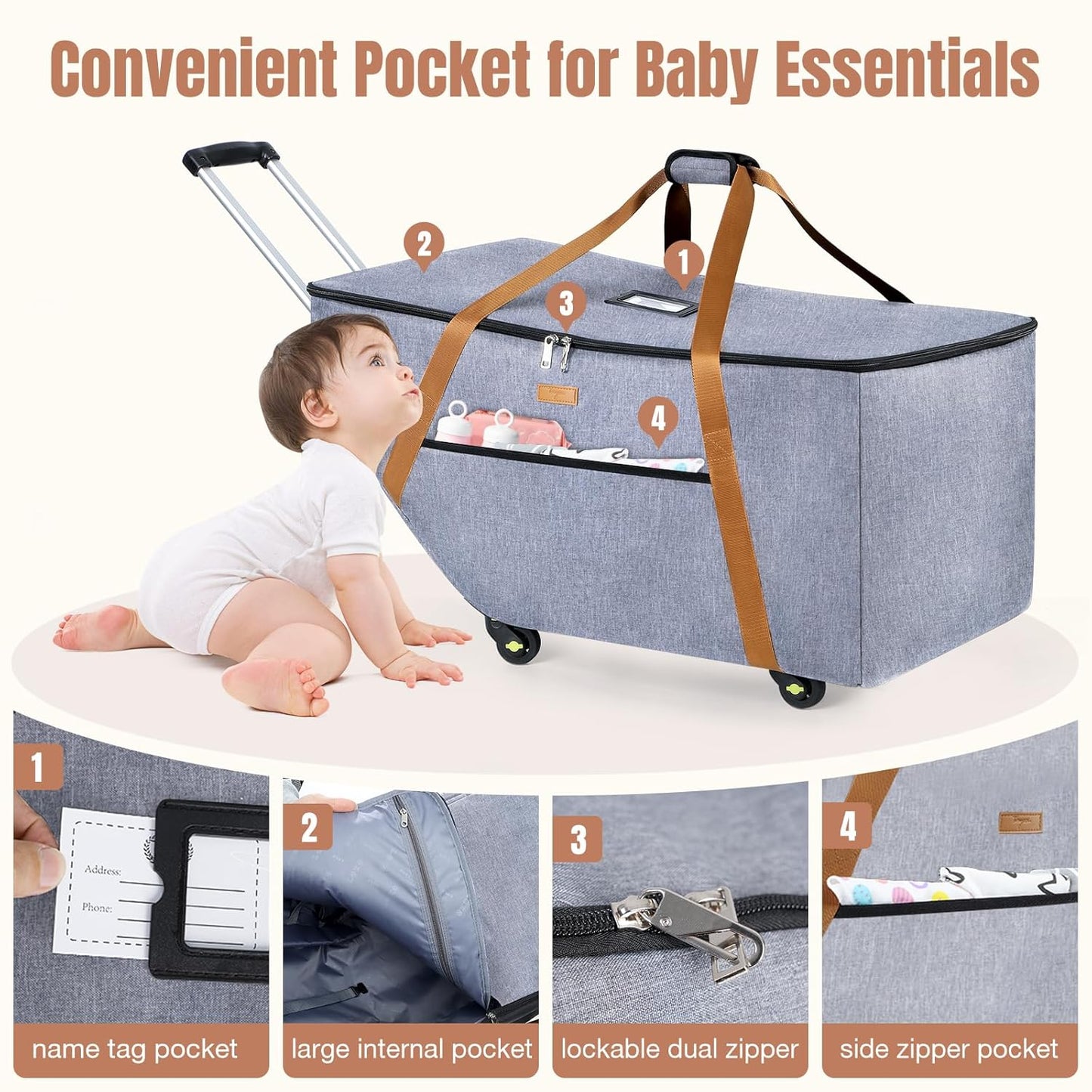 Infant Car Seat Travel Bag with Wheels Fits Chicco KeyFit 30,Nuna Pipa, UPPAbaby MESA,Padded Car Seat Bags for Airplane, Gate Check Bag with Side Pocket,Removable Cover for Air Travel, Grey