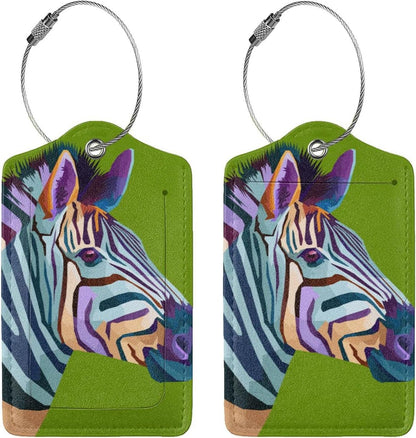 2pcs Zebra Luggage Tag for Suitcases Baggage, Colorful Airport Cruise Leahter Luggage Tag on Green Background and Full Back Privacy Cover for Travel Sports Teens Kids