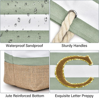 Becokan Beach Bag Initial Beach Tote with Makeup Bag for Travel Work Storage Personalized Birthday Gifts for Women Her