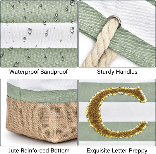 Becokan Beach Bag Initial Beach Tote with Makeup Bag for Travel Work Storage Personalized Birthday Gifts for Women Her