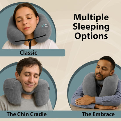 Air Inflatable Neck Pillow for Traveling on Plane - H-Shape Hooded Travel Pillow with 5 Snooze Modes, Fast Inflation, Pressure Control, Cozy Clip-On Hood & Plushy Cover - Size L, Silver Gray