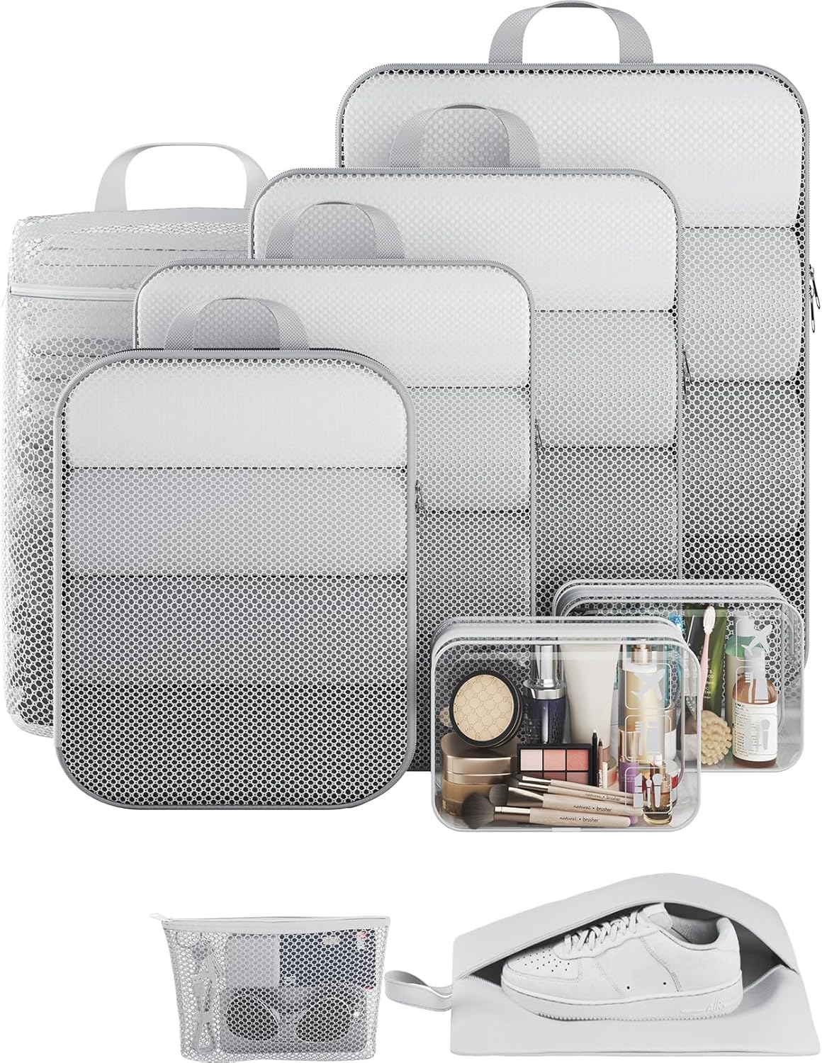 Veken 9/11 Set Compression Packing Cubes for Travel Essentials,Compressible Expandable Large Luggage Suitcase Organizer Bags for Clothing,Durable Space Saver Storage Bags with Toiletry Bags(White)