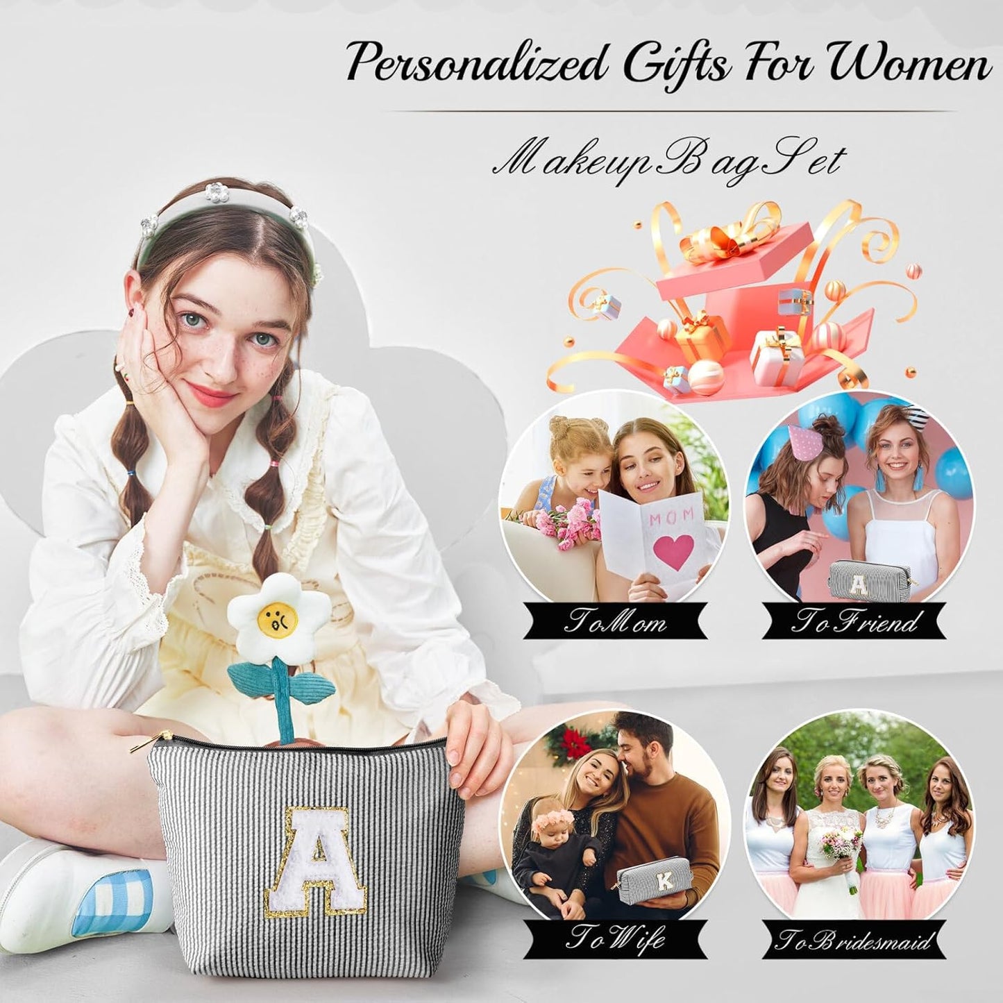 YOOLIFE Cute Makeup Bag for Women, Personalized Women Gifts Makeup Pouch for Girlfriend Bridesmaid Wife | Cosmetic Travel Toiletry Bag for Her Mom | Birthday Gift Idea for Friend Female Sister Black N