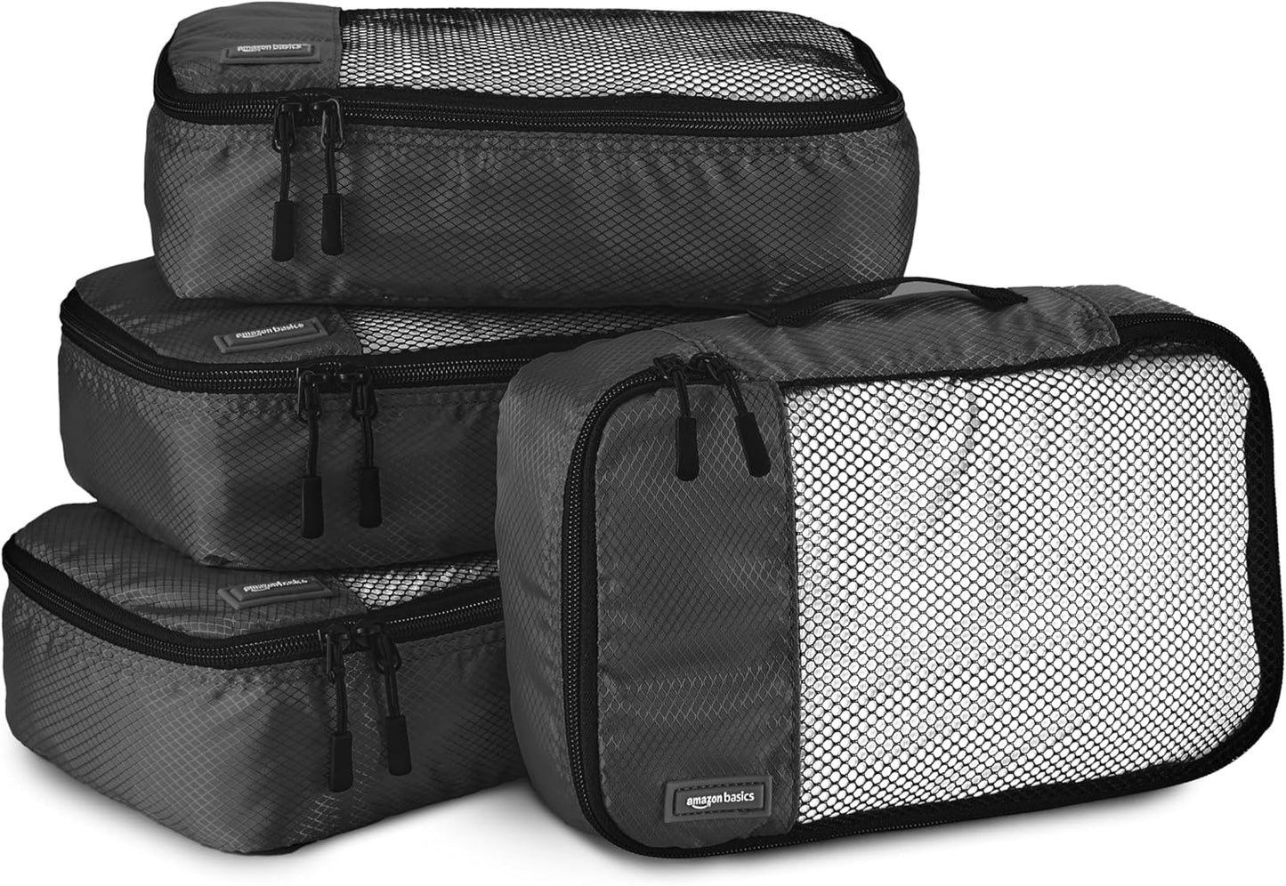 Amazon Basics Small Packing Cubes for Travel, Packing Organizers, 4-Piece-Set With Double Zipper Pulls and Mesh Top Panel, 100% Durable Polyester, Black, 11"L x 6.8"W x 3"H
