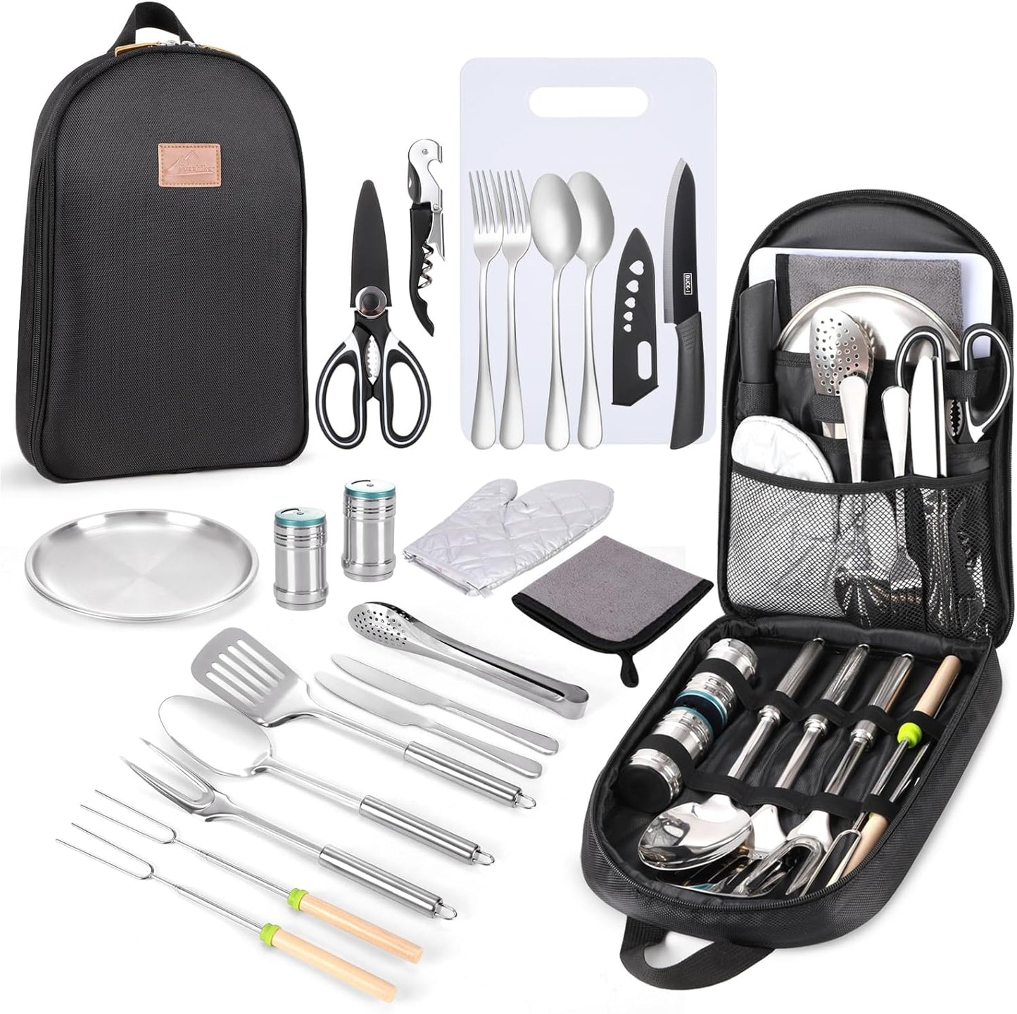 Portable Camping Kitchen Utensil Set-27 Piece Cookware Kit, Stainless Steel Outdoor Cooking and Grilling Utensil Organizer Travel Set Perfect for Travel, Picnics, RVs, Camping, BBQs, Parties and More