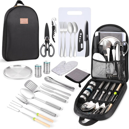 Portable Camping Kitchen Utensil Set-27 Piece Cookware Kit, Stainless Steel Outdoor Cooking and Grilling Utensil Organizer Travel Set Perfect for Travel, Picnics, RVs, Camping, BBQs, Parties and More
