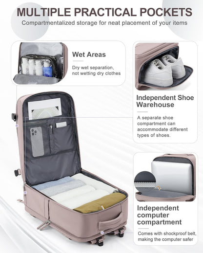 coowoz Large Travel Backpack Carry On for Women Man Waterproof Gym Backpacks with Laptop Compartment Mochila de Viaje Teacher Personal Item Backpack Rucksack Airplane Accessories Must Haves Lotus Pink